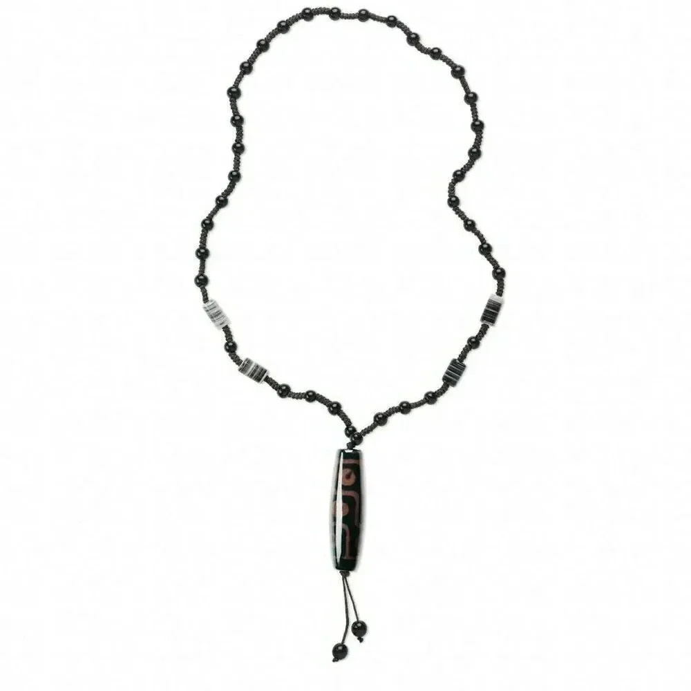 Hand Crafted Nepal Tibetan DZi Agate Black Brown & Glass Beads Macrame Necklace